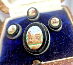 Micro Mosaic Booch & Collar Stud Button Set Italian Victorian Antique c1880s