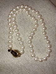 Carol Lee Knotted Single Strand Faux Pearl Clasp Necklace Gold Tone Signed