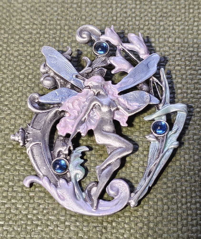 Signed JJ Jonette FAIRY Floral Magical Winged Blue Cabochon Pewter Brooch