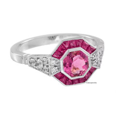 Art Deco Style Lab-Created Diamond Pink Tourmaline Ruby Ring 14K White Gold FN