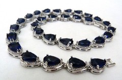 PRONG-SET SAPPHIRE BLUE PEAR SHAPED GLASS SILVER RHODIUM PLATED CLASSIC NECKLACE