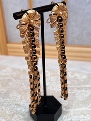 Gold Tone Dangle Drop Pierced Earrings Dramatic Black Crystals 4″L