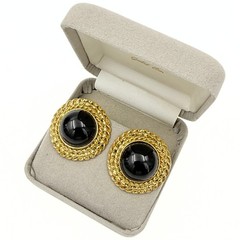 Vintage Black Glass Cabochon Rope Border Gold Plated Clip On Button Earrings