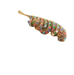 Crystal C-clasp Feather Leaf Pin Brooch VTG Cast Metal Multi Color Antique