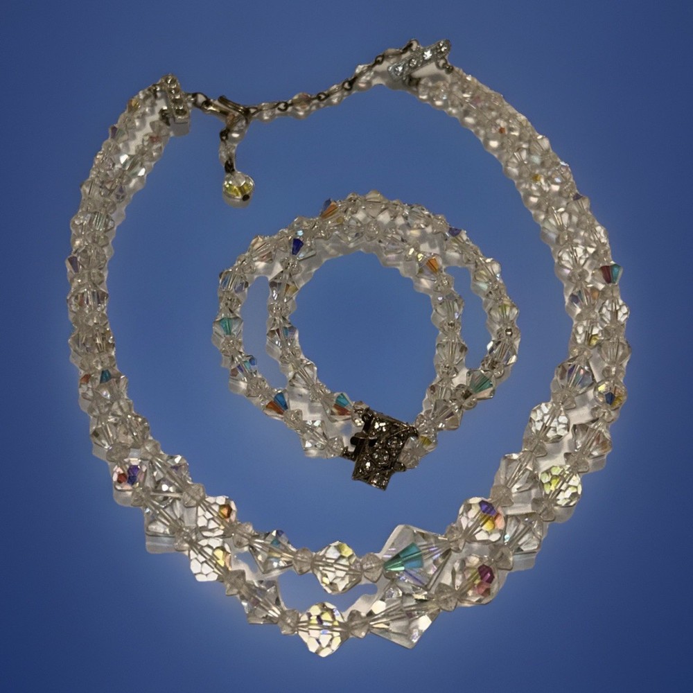 Gorgeous Vtg Set La Roco Crystal Cut Bead 2 Strand Necklace & Bracelet Signed