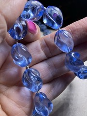 RARE ART DECO CZECH PRESSED GLASS BEAD NECKLACE C.1920 26” BLUE SWIRL