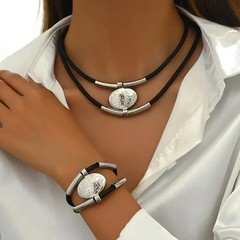 Vintage Oval Faux Leather Necklace Bracelet Set Women Gold Silver 2pc Jewelry