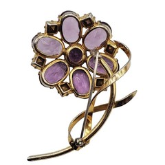 Flower Brooch Gold Vermeil Sterling Silver Pin Purple Glass Pink Rhinestone 40s