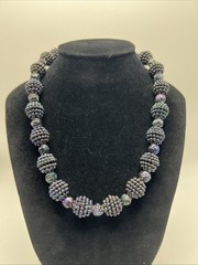 VTG Kramer Iridescent Black Bead Necklace Signed Peacock Aurora Adjustable 16”
