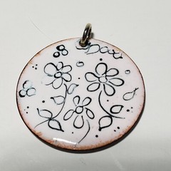 Vintage Enamel On Copper Pendant Floral Colorful 1.25″ Double Sided