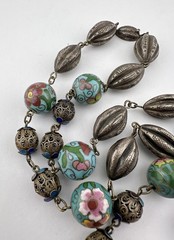 Old Chinese Export Silver Enamel Cloisonne Filigree Melon Bead Chain 26.5″-72.5g