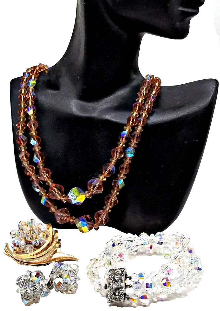 Vintage 5pc Lot Aurora Borealis, Austrian Crystal Necklace Bracelet Pin Earrings