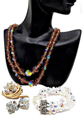 Vintage 5pc Lot Aurora Borealis, Austrian Crystal Necklace Bracelet Pin Earrings