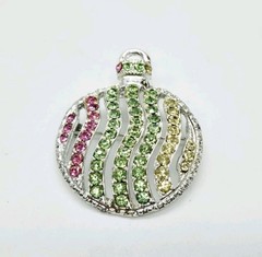Christmas Ornament Brooch Ball Silver tone Multicolored Crystal Accent 2.25 in