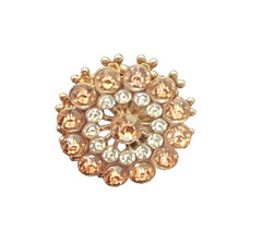 Vintage Rhinstone Brooch Round Gold Tone Amber & Clear Cystal Doomed Pin 1950’s