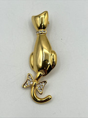 VTG Cat Brooch Pin Lot/4 Enamel Gold Tone Rhinestones Articulating Tail (1 VERO)