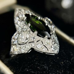 Art Deco Marquise Green Tourmaline Diamond Platinum Ring