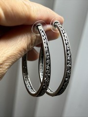 40. Vintage NF 925 Sterling Silver Oval Hoop Scroll Pattern Earrings 50x40mm