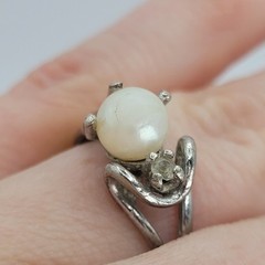 Vintage 925 Sterling Silver Sculptural Organic Pearl Diamond CZ Ring Size 5.25