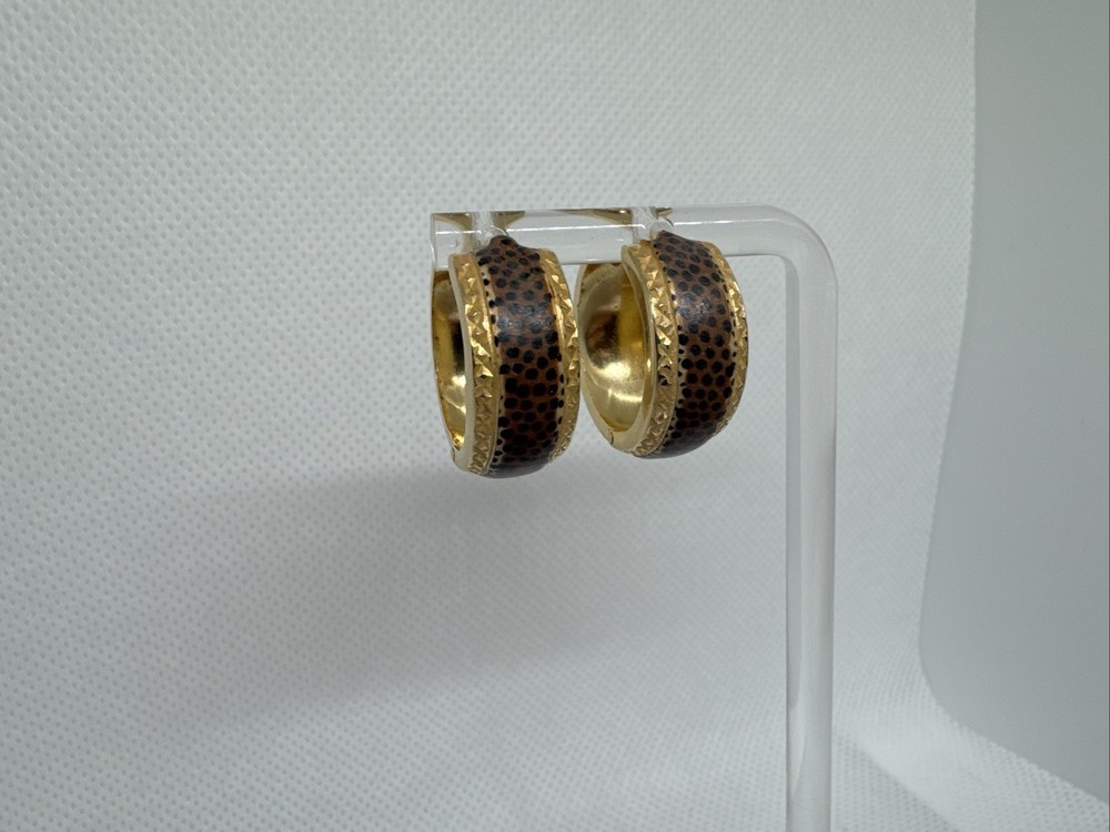 14k Yellow Gold Enameled Cheetah Leopard Print Hoop Earrings Vintage, 21mm, SLC