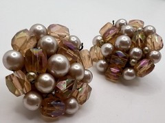 Vintage JAPAN Faux Pearl & Peach Aurora Borealis Beaded Cluster Clip On Earrings