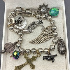 Vintage Bracelet & Charms of Mixed Metals: Heart, Angel Wing, Bird, Faux Opal