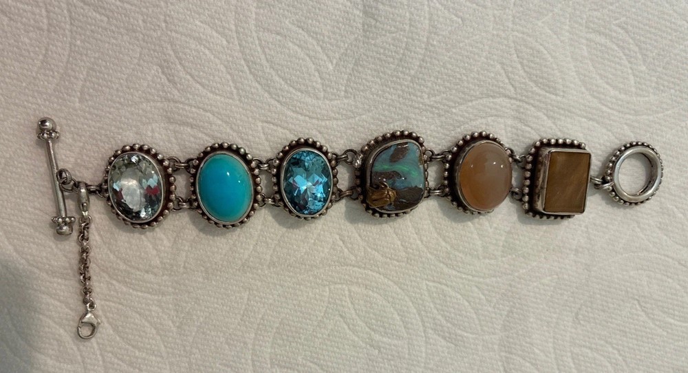 Vintage Stephen Dweck One Of A Kind Chunky Bracelet 925 Sterling Silver w/Gems