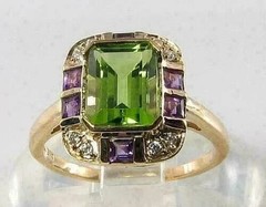 Art Deco 3Ct Emerald Cut Peridot Amethyst Lab Created Diamond 14K Gold FN Ring