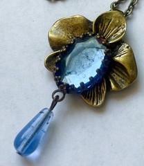 Vintage Necklace Art Nouveau Orchid Pendant Blue Rhinestone Czech Glass Drop
