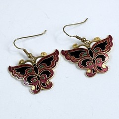 Vintage Cloisonne Enameled Butterfly Gold Tone French Wire Pierced Earrings
