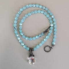 Glass Beaded Necklace Blue Opalite Crystal Teardrop Dangle Sterling Silver 16″