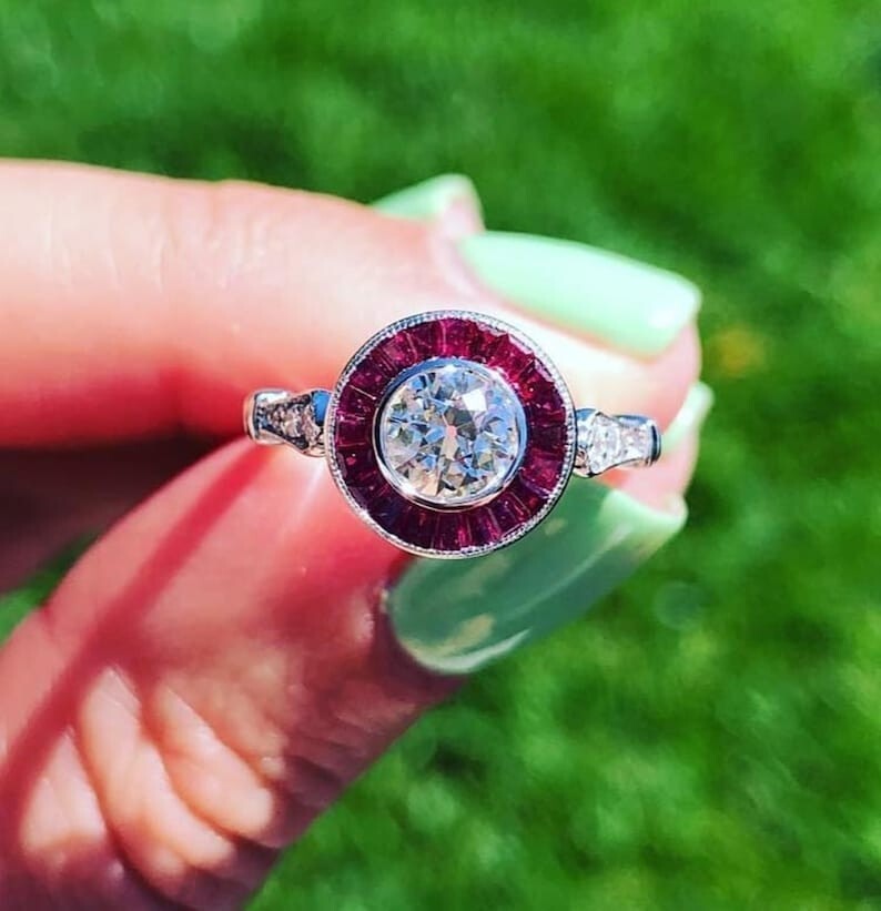 Bezel Set Old European Cut & Pink Baguette Engagement Ring, Edwardian Halo Ring