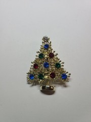 VTG Christmas Tree Brooch Lapel Pin Gold Toned Green Red & Blue Rhinestones