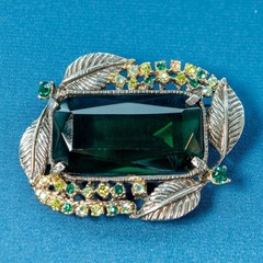 VTG 1960s Open Back Green Glass Statement Brooch, Hollywood Regency Leaf Pin