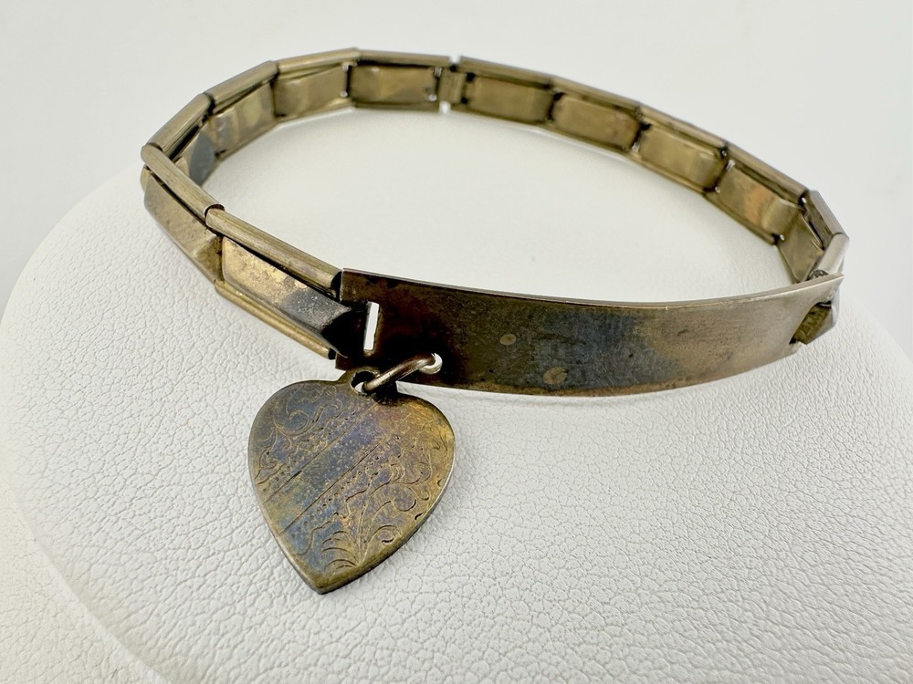 Antique Expansion ID Bracelet Etched Heart Charm 6.2in Repair Metal Unknown Read