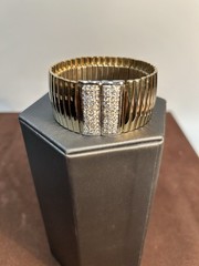 Vintage Gold Tone Expandable Rhinestone Stretch Bracelet Ribbed Panel Design