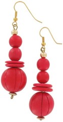 Long Red Genuine Wood Round Beaded Dangle Earrings Pierced 3″ Vintage