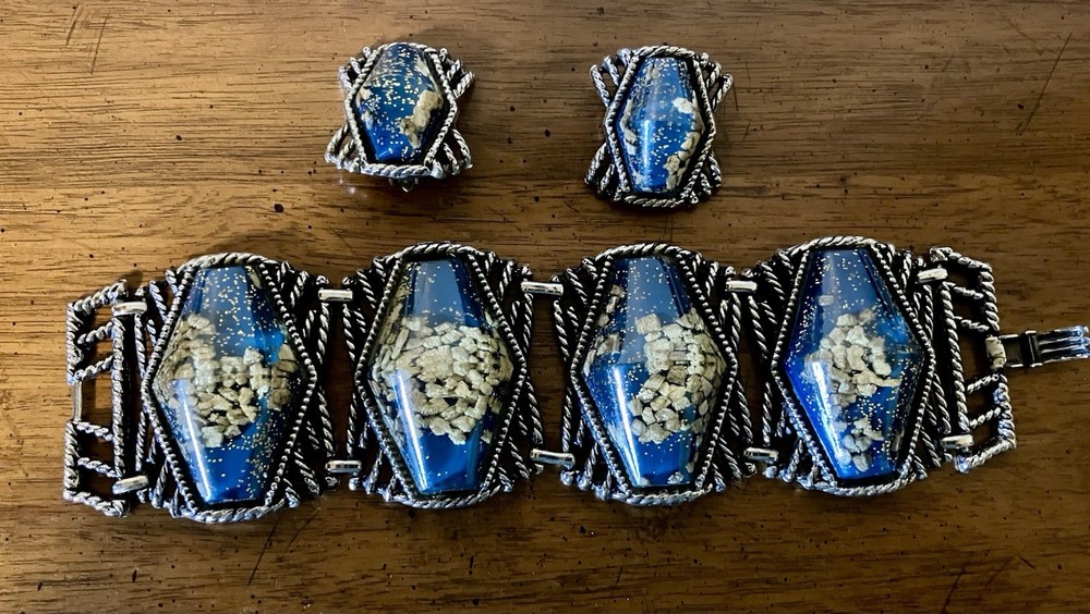 Vintage MCM Or Selro Selini Blue Lucite/Gold Glitter Cuff Bracelet Earring Set.
