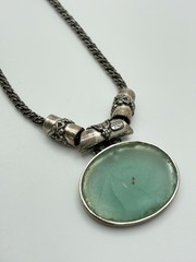 Sterling 935 Roman Glass Sea Green Oval Pendant Rope Chain Silver Necklace VTG