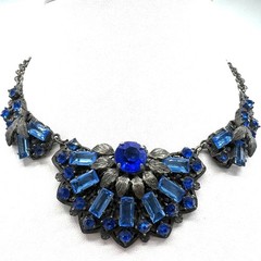 1930s Czech Blue Glass Rhinestone Pot Metal Floral Bib Necklace