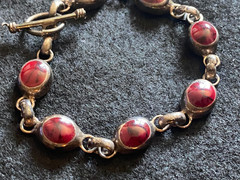 Vintage Sterling Silver Red Jasper Marble Link Bracelet Toggle Clasp 7 1/4″
