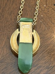 Vintage Crown Trifari Faux Jade Green Pendant Necklace Gold Tone Signed Nice!