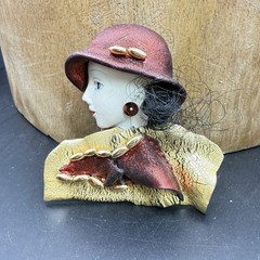 Vintage Lady Face Brooch Red Hat Gold Crackle Resin 1980s Art Deco Style Pin