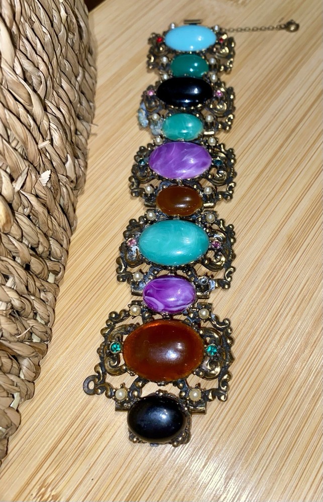 Rare vintage Selro Selini chunky panel link bracelet w/ cabochons & rhinestones.