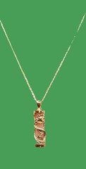 Oriental Faux Light Pink Jade Dragon Pillar Necklace w/18” Gold Tone Chain