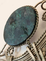 Bohemian Style Brooch Vintage Green Oval Stone Silver Tone 3.5 inches long