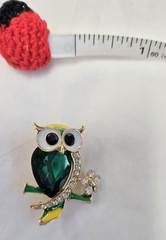 Green Glass Rhinestone Owl Bird Brooch Pin
