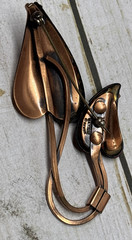 Vintage Matisse Renoir Copper Enamel Leaves Brooch Pin Red Signed Estate 3” Long