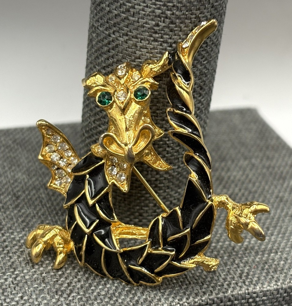 GORGEOUS Black Enamel Chinese Dragon Green Rhinestone Unsigned Gold Tone Brooch