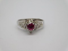 SWEET ANTIQUE 18K SOLID WHITE GOLD DIAMOND RUBY STONE RING